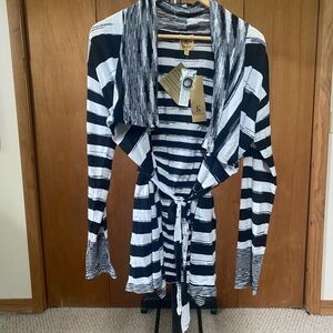 Kasper  Women's Miami Moderne Black/White Striped Cardigan Sz L NWT